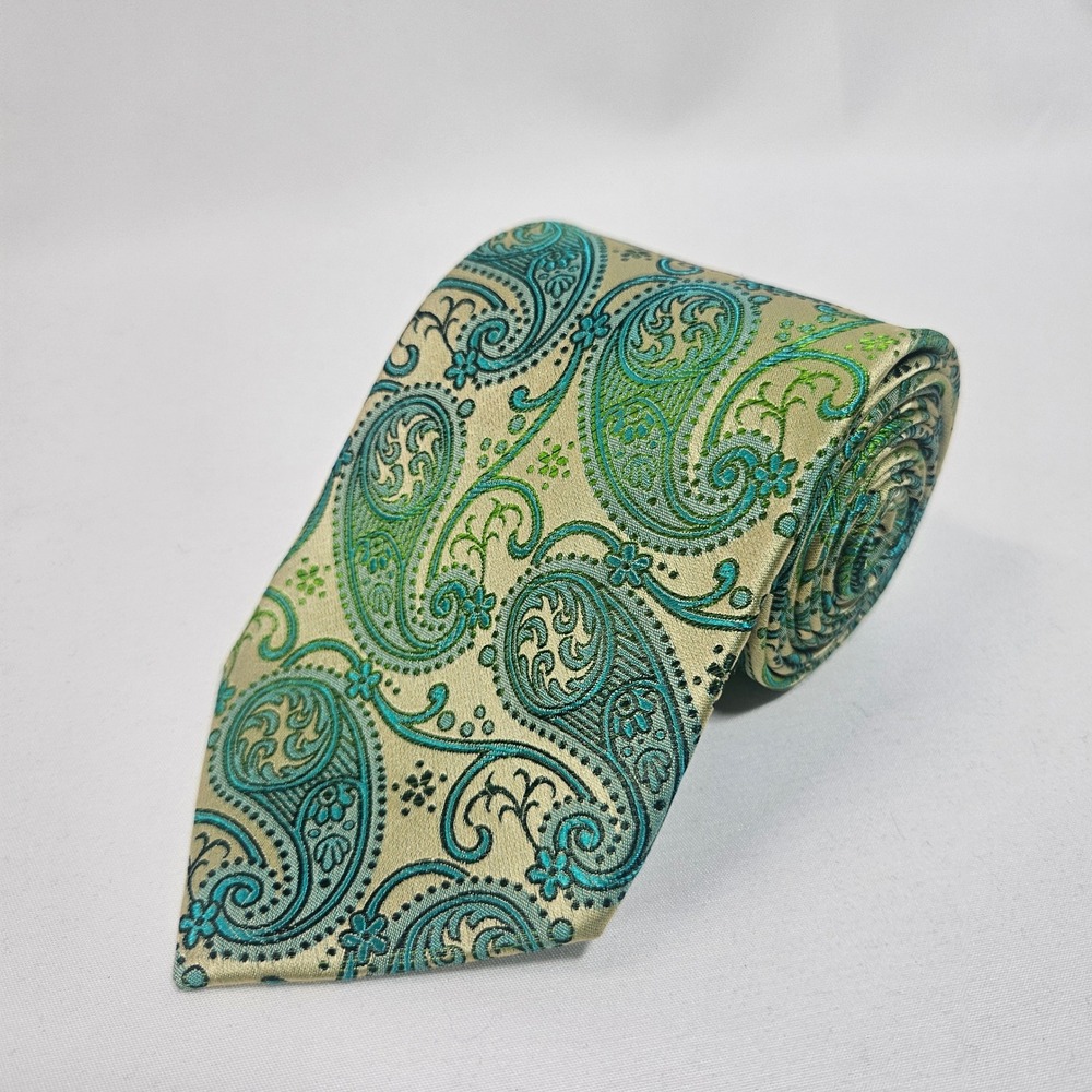 Paul Malone Palm Beach Silk Paisley Necktie Mens‎ Gold Green Blue Formal